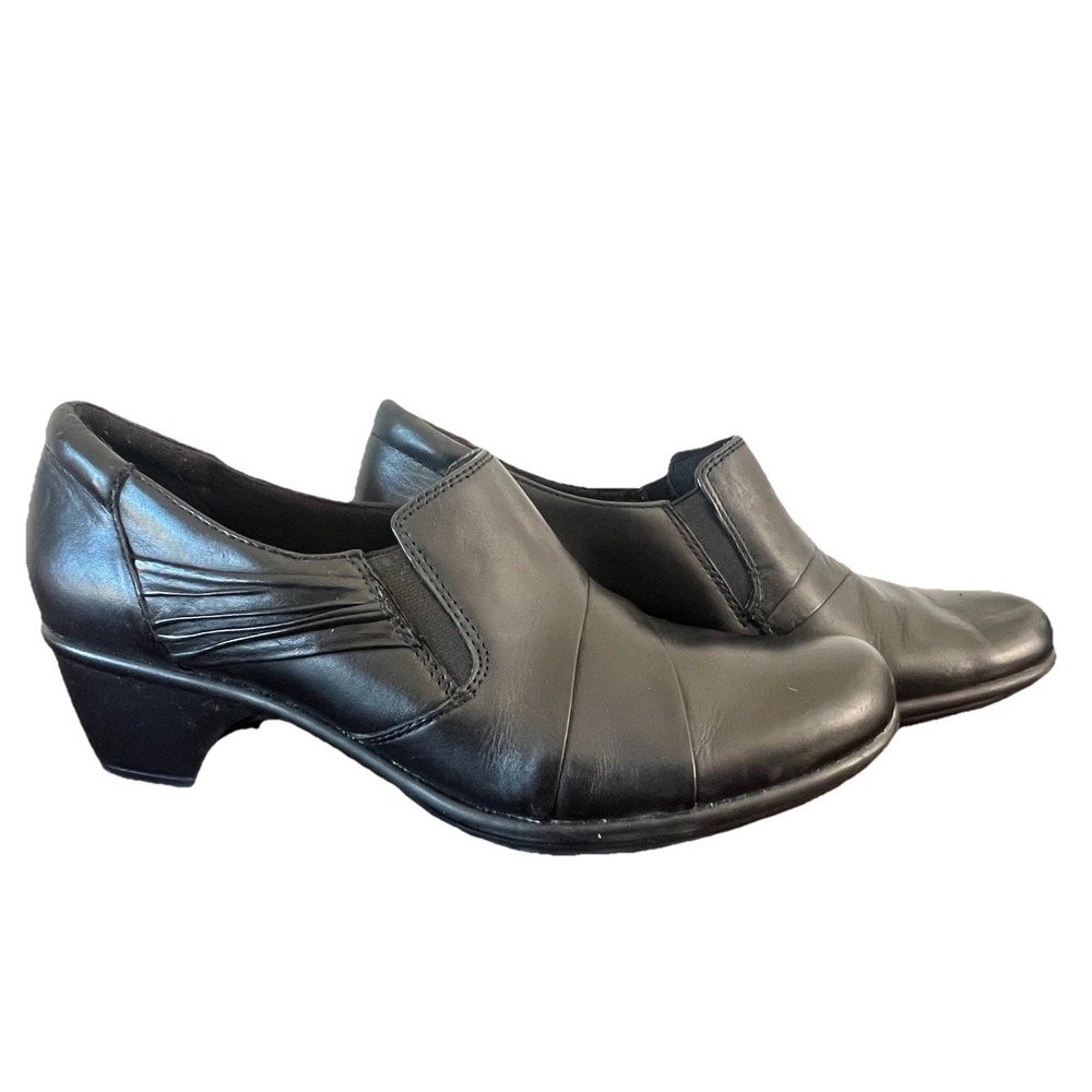 Clarks Bendables Black Leather Slip On Loafer Block Heels Womens‎ 10M